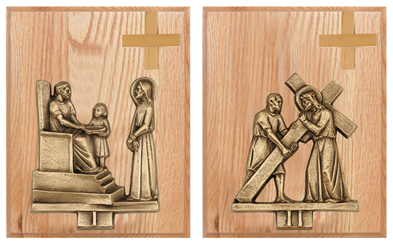 Antique Bronze Stations of the Cross Set | 14 Mounted Plaques with Cross | Koley's Inc.
