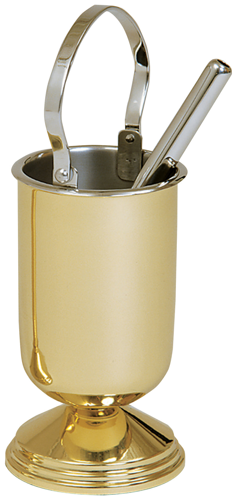 Holy Water Pot and Sprinkler, Polished Brass with Stainless Steel Liner, 9" | Koley's Inc.