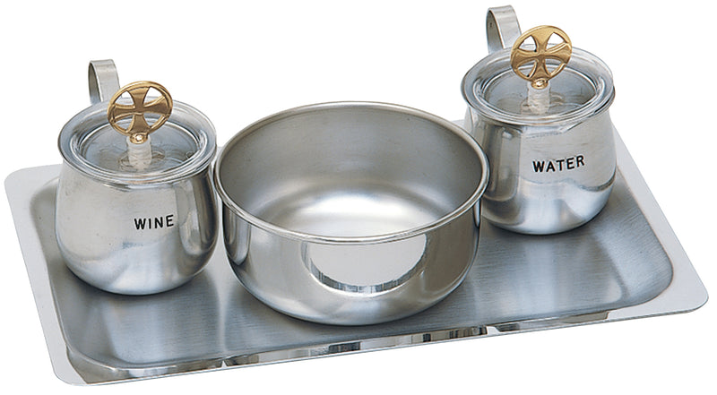 Stainless Steel Cruet Set with Bowl and Tray, 24k Gold Cross Lids, 5 oz. | Koley's Inc.