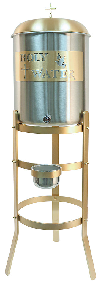 Holy Water Tank & Stand, 5 Gal., Stainless Steel with Satin Bronze Cover & Decorative Plaque | Koley's Inc.