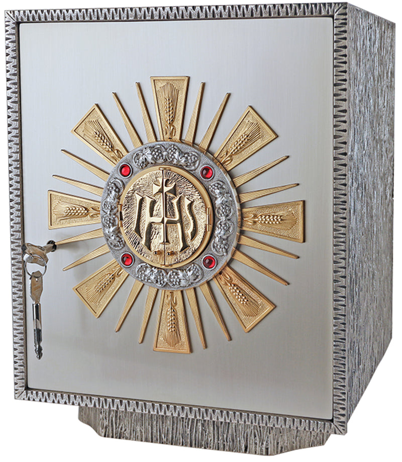 Oxidized Silver Tabernacle with Gold Rays, IHS Medallion & Ruby Stones | K-657 | Koley's Inc.