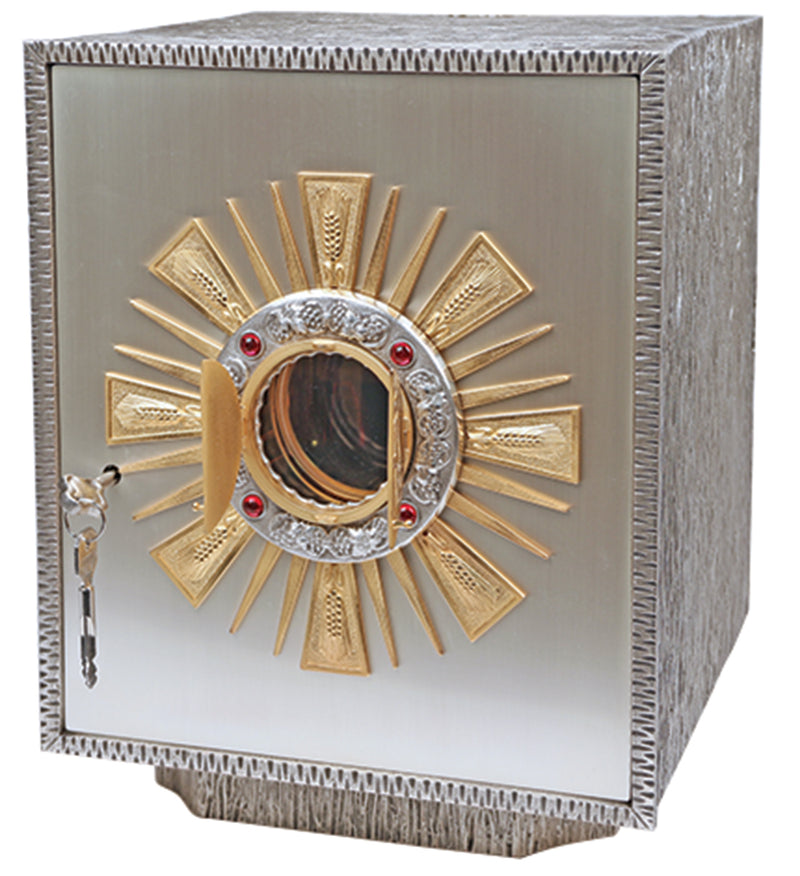 Oxidized Silver Tabernacle with Gold Rays, IHS Medallion & Ruby Stones | K-657 | Koley's Inc.