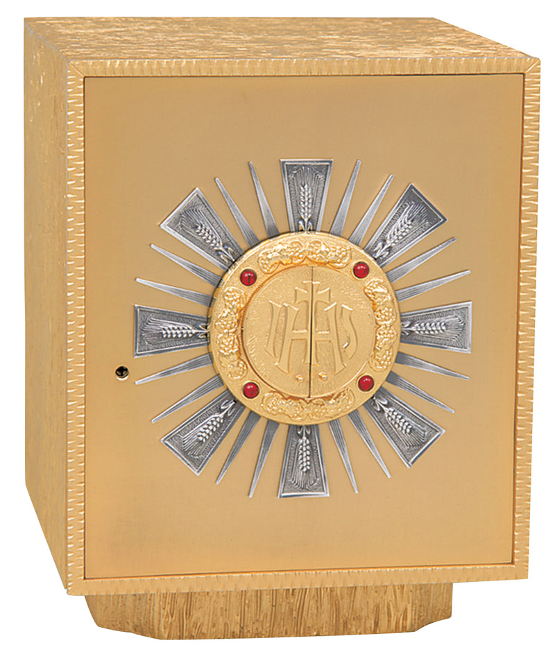 24K Gold-Plated Tabernacle with Oxidized Silver Rays, IHS, & Ruby Stones | Koley's Inc.
