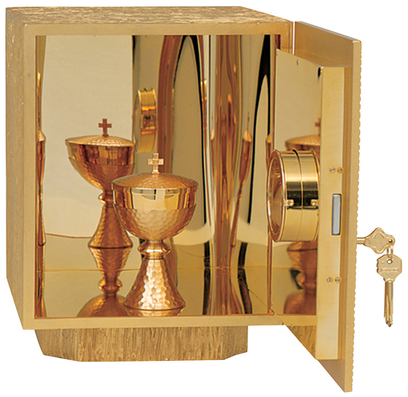 24K Gold-Plated Tabernacle with Oxidized Silver Rays, IHS, & Ruby Stones | Koley's Inc.