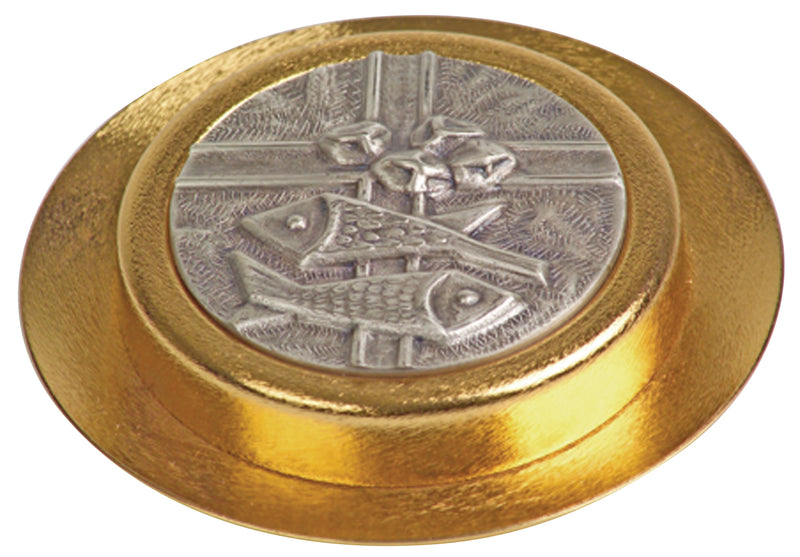 Pyx, 24K Gold Plated Satin Finish with Loaves and Fishes Relief Medallion, 35-Host Cap | Koley's Inc.