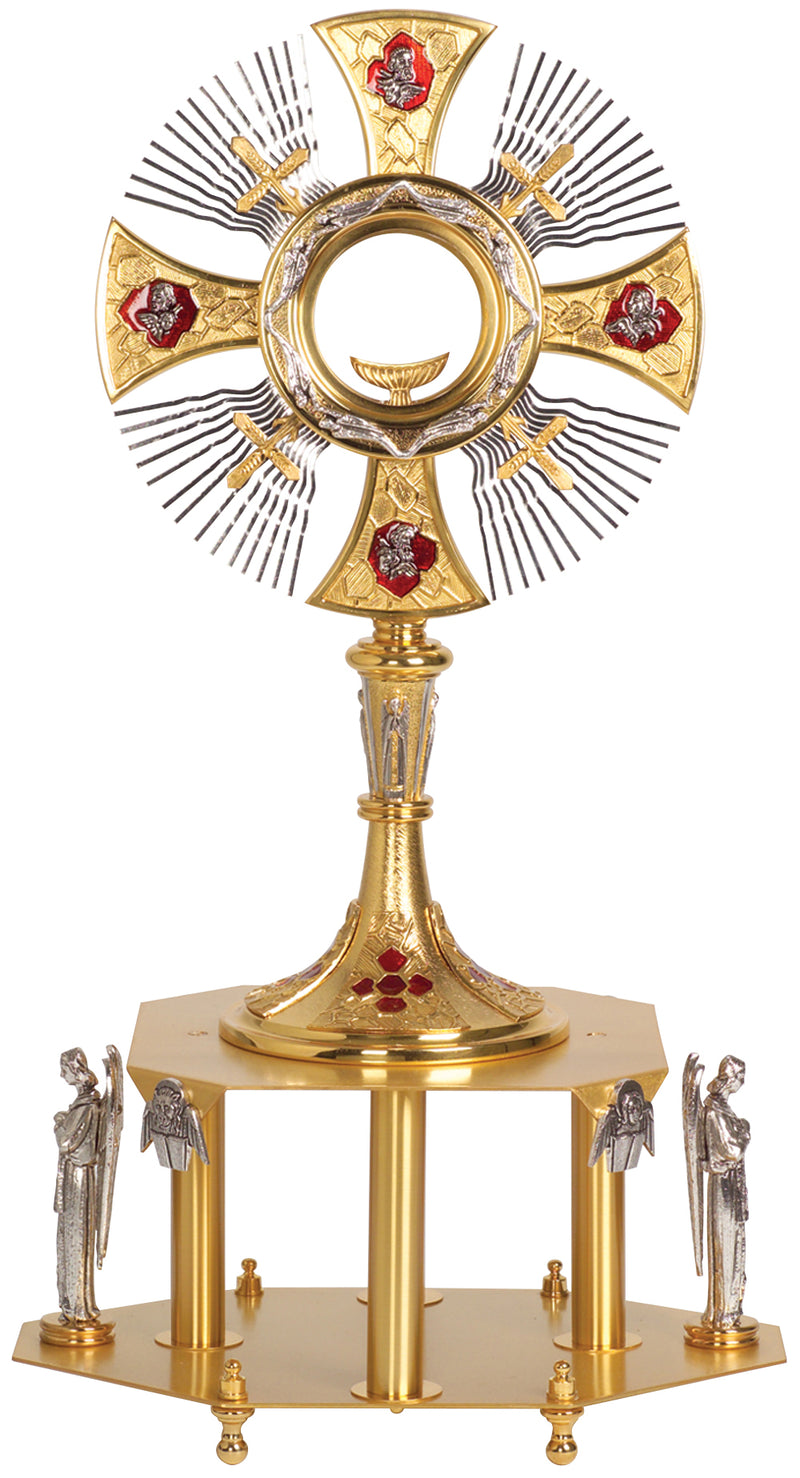 Gold and Silver Plated Monstrance with Red Enamel Crosses and Acrylic Luna