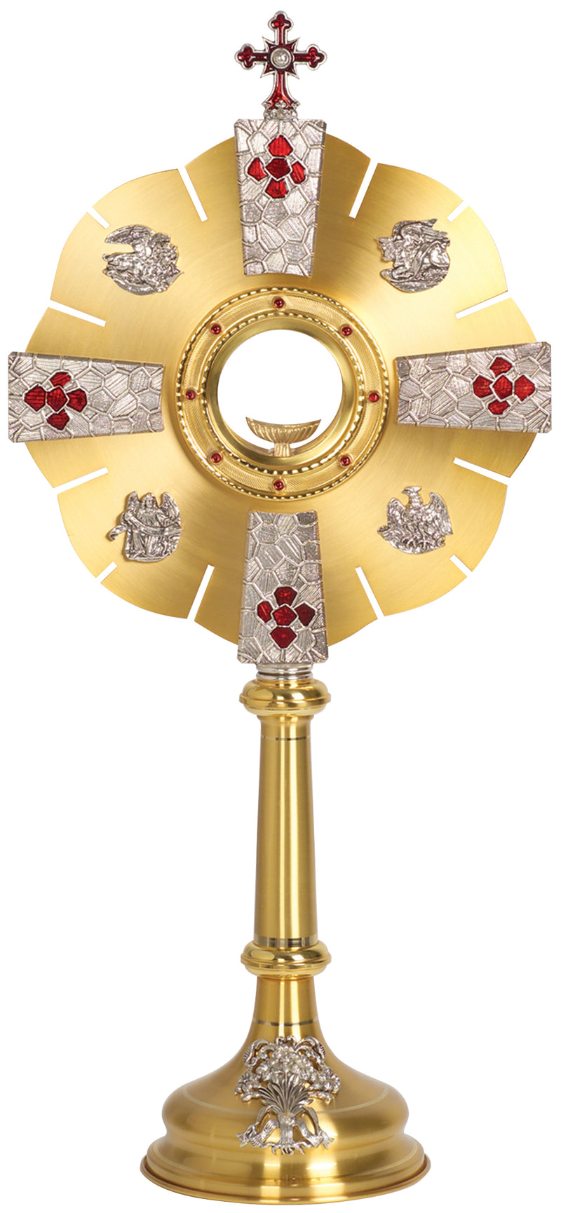 Monstrance, 24K Gold Plated with Oxidized Silver, Red Enamel Crosses | Koley's Inc.