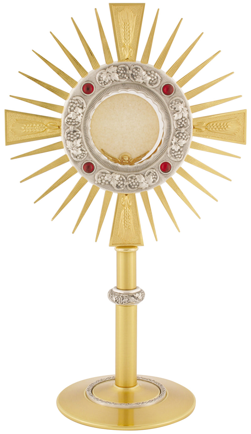 Gold Plated Sunburst Monstrance with Antique Silver and Ruby Stones | Koley's Inc.