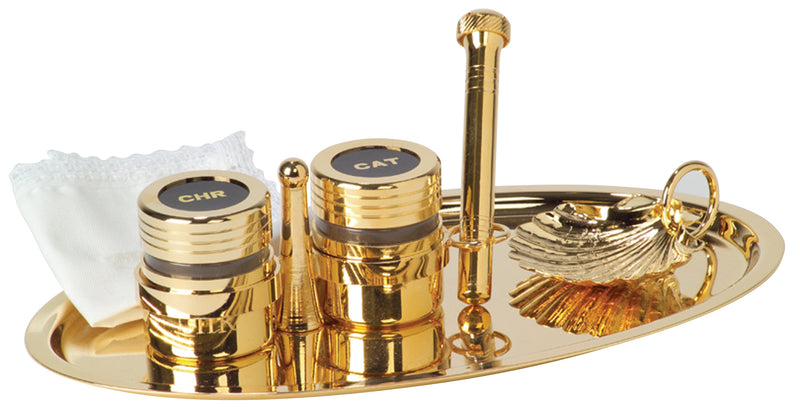 Baptismal Set, 24K Gold Plated, with Tray, Oil Stocks, Shell, Sprinkler, and Finger Cloth | Koley's Inc.