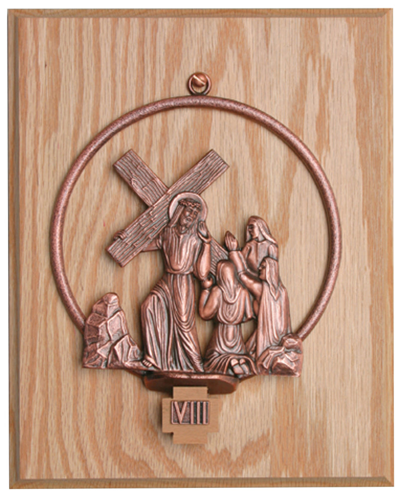 Statuary Bronze Stations of the Cross | Circular Frame on Oak Panel | 14 Stations | Koley's Inc.