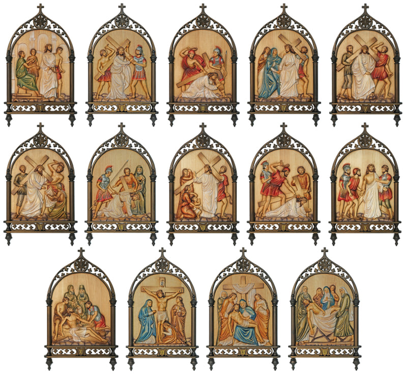 Gothic-Style Hand-Carved Olive Wood Stations of the Cross | Koley's Inc.