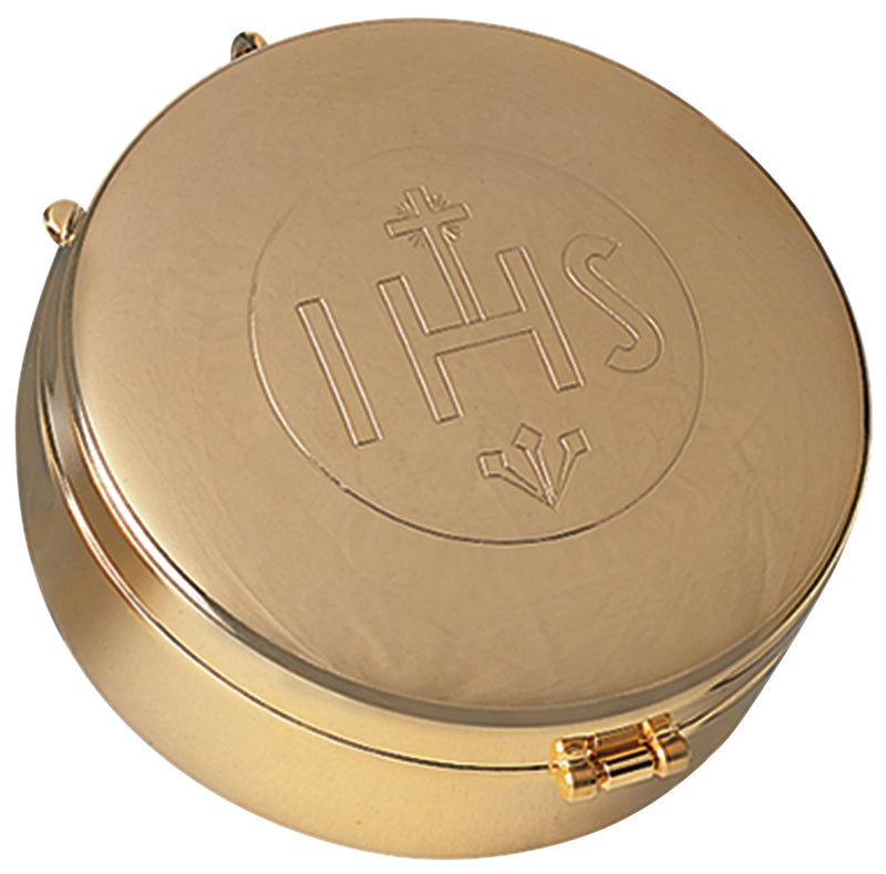 Hospital Pyx, 24K Gold Plated with Engraved IHS, Hinged Cover, 75-Host Cap | Koley's Inc.