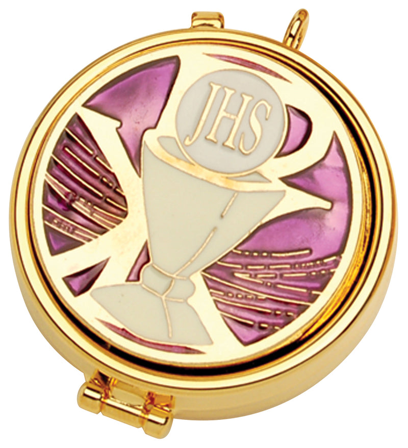 Pyx, 24K Gold Plated with Enameled Chalice and IHS Emblem, 7-Host Cap | Koley's Inc.