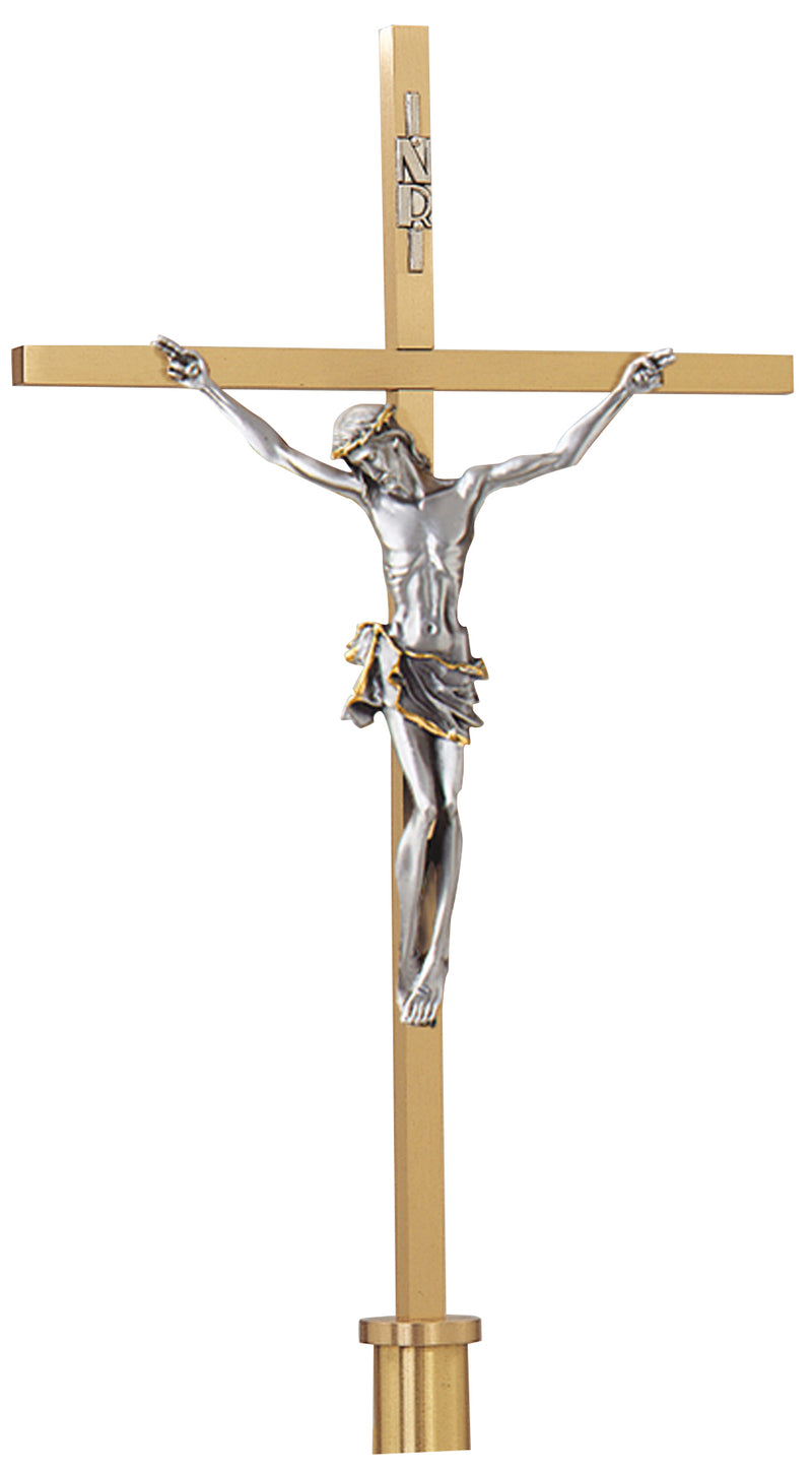 Satin Brass Processional Crucifix with Upgradeable Base | Koley's Inc.
