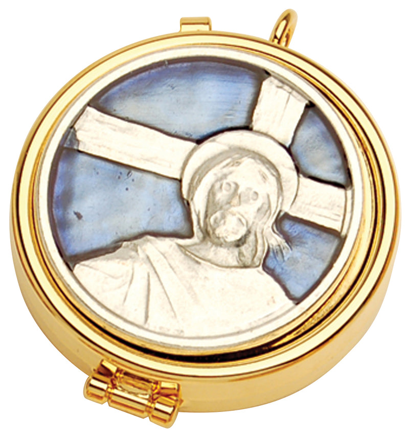 Pyx, 24K Gold Plated with Enameled Face of Christ and Cross Emblem, 7-Host Cap | Koley's Inc.