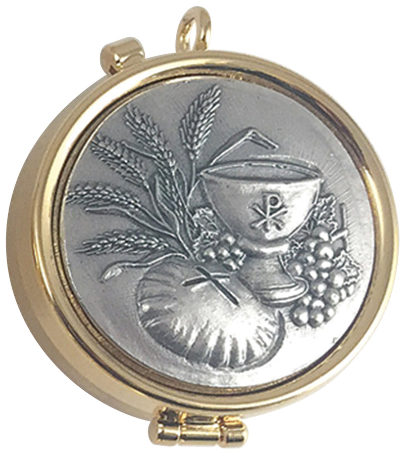 Pyx, 24K Gold Plated with Silver Relief Eucharistic Symbols Medallion, 7-Host | Koley's Inc.