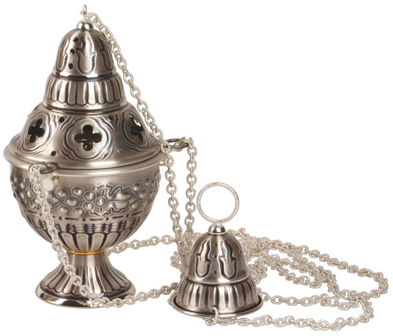 Oxidized Silver 4-Chain Censer and Boat Set with Gold Cross | K-911 | Koley's Inc.