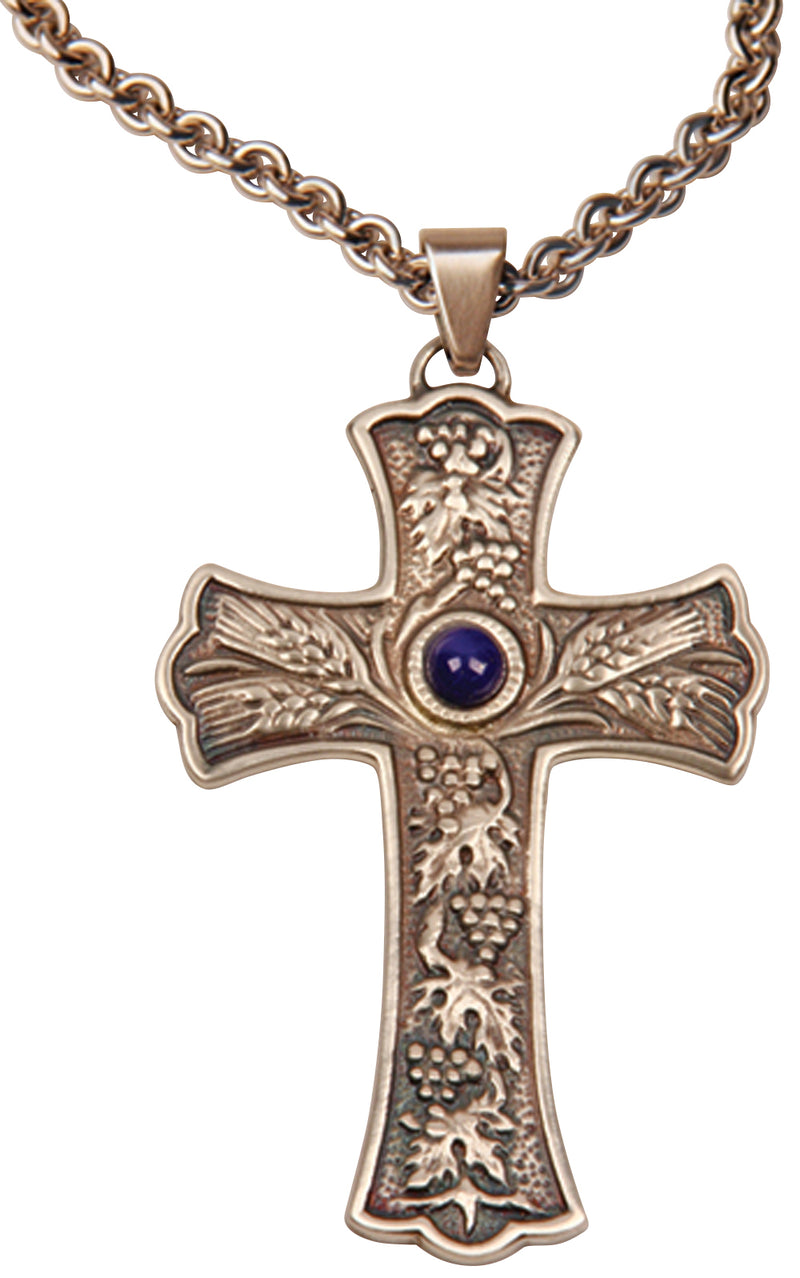 Oxidized Silver Pectoral Cross, Grape Leaf & Wheat Design, Blue Stone, 36" Chain | Koley's Inc.