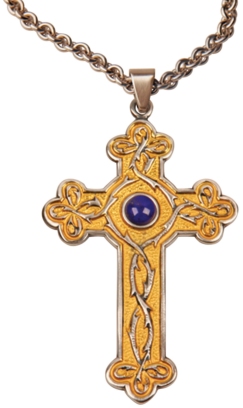 24k Gold & Silver Plated Pectoral Cross, Crown of Thorns Design, Blue Stone, 36" Chain | Koley's Inc.