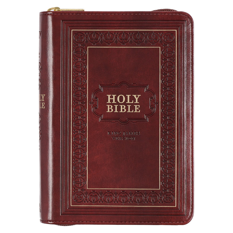 Framed Burgundy Faux Leather Large Print Compact King James Version Bible with Zippered Closure