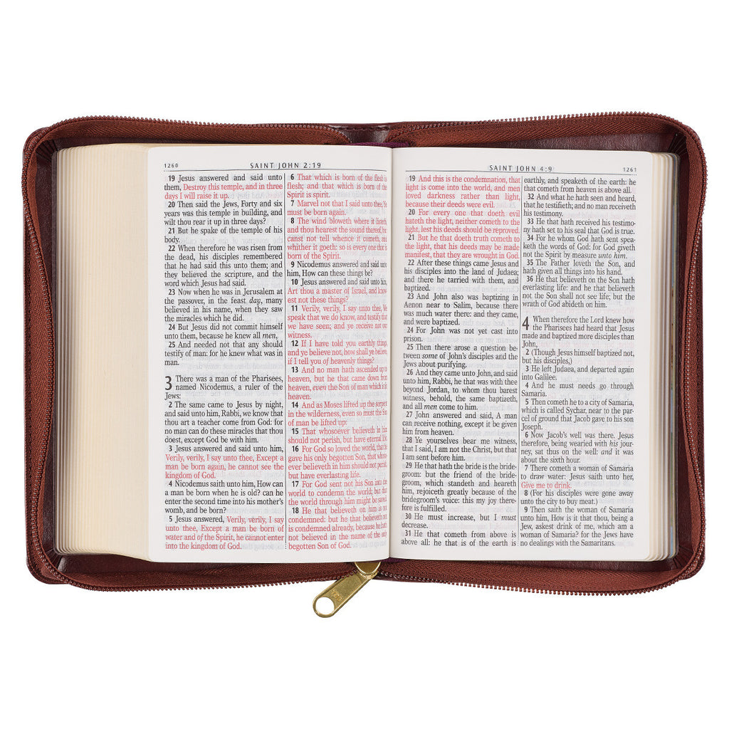 Framed Burgundy Faux Leather Large Print Compact King James Version Bible with Zippered Closure