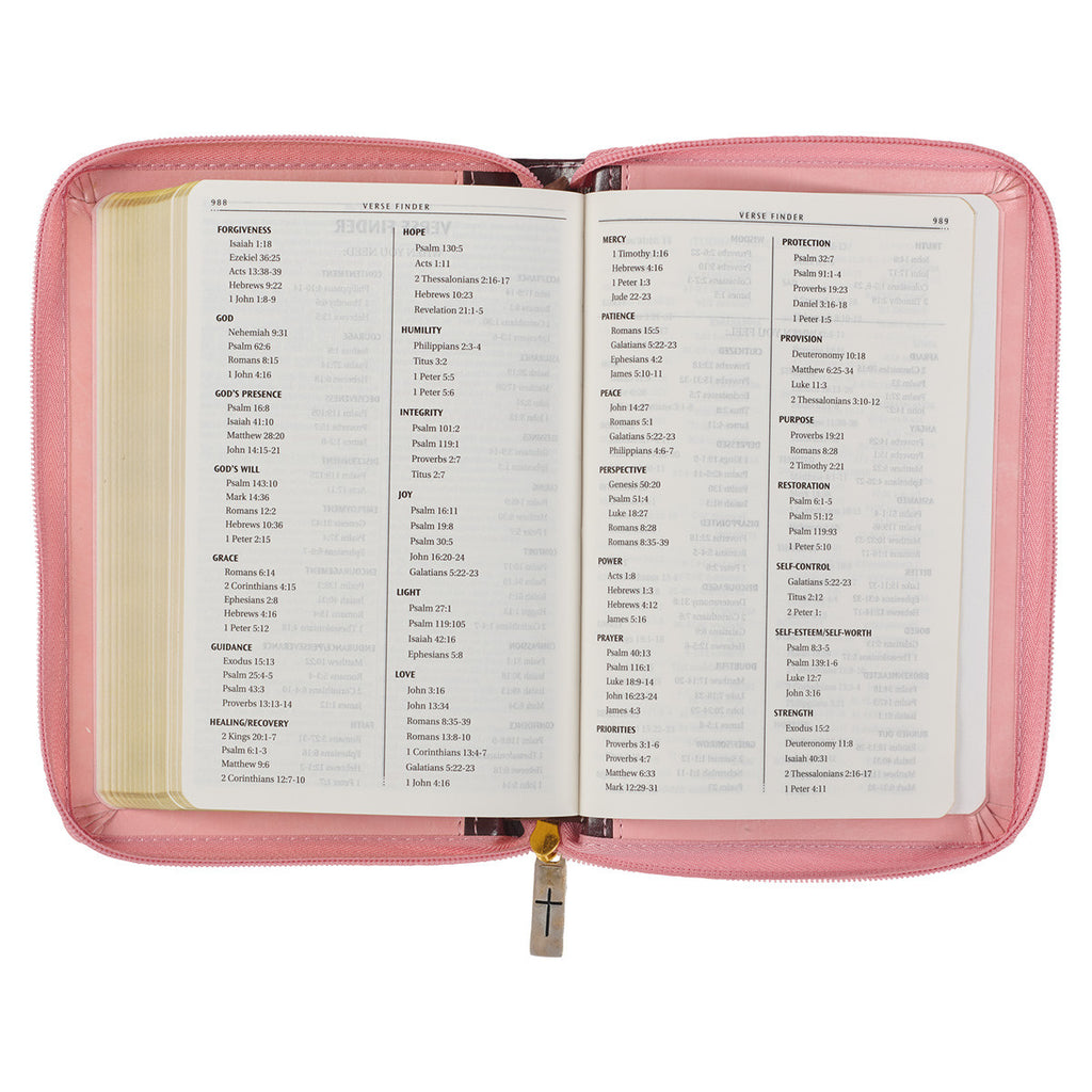 Burgundy and Pink Floral Faux Leather Compact KJV Bible with Zippered Closure