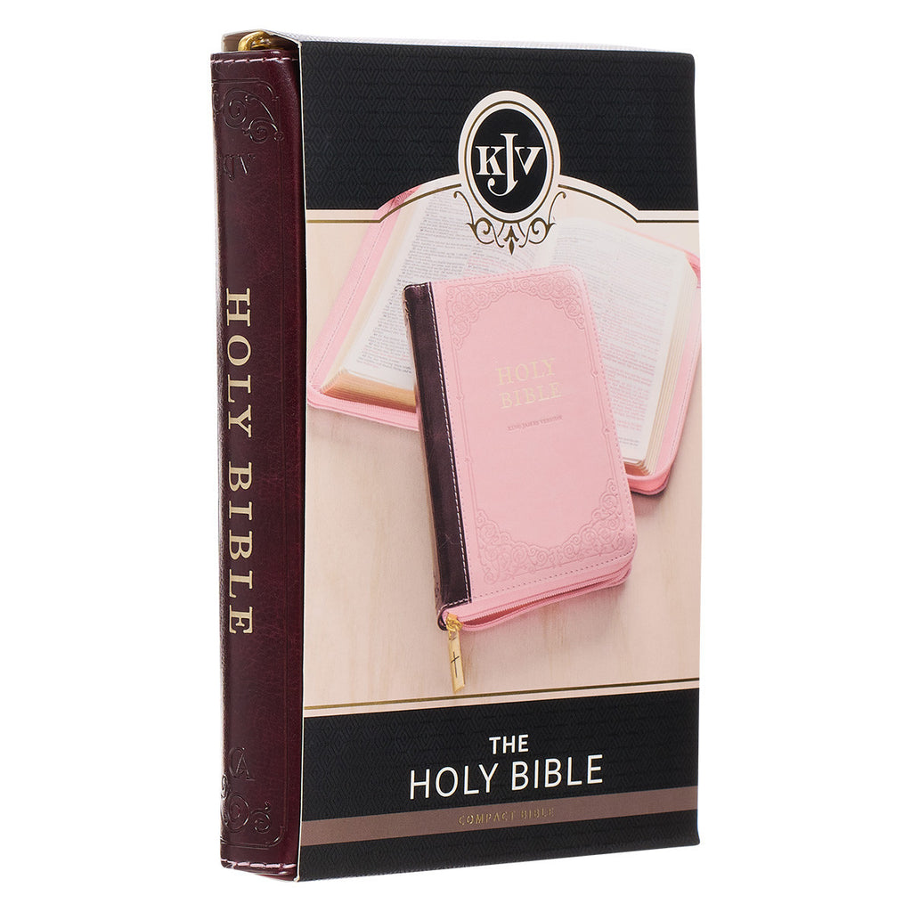 Burgundy and Pink Floral Faux Leather Compact KJV Bible with Zippered Closure