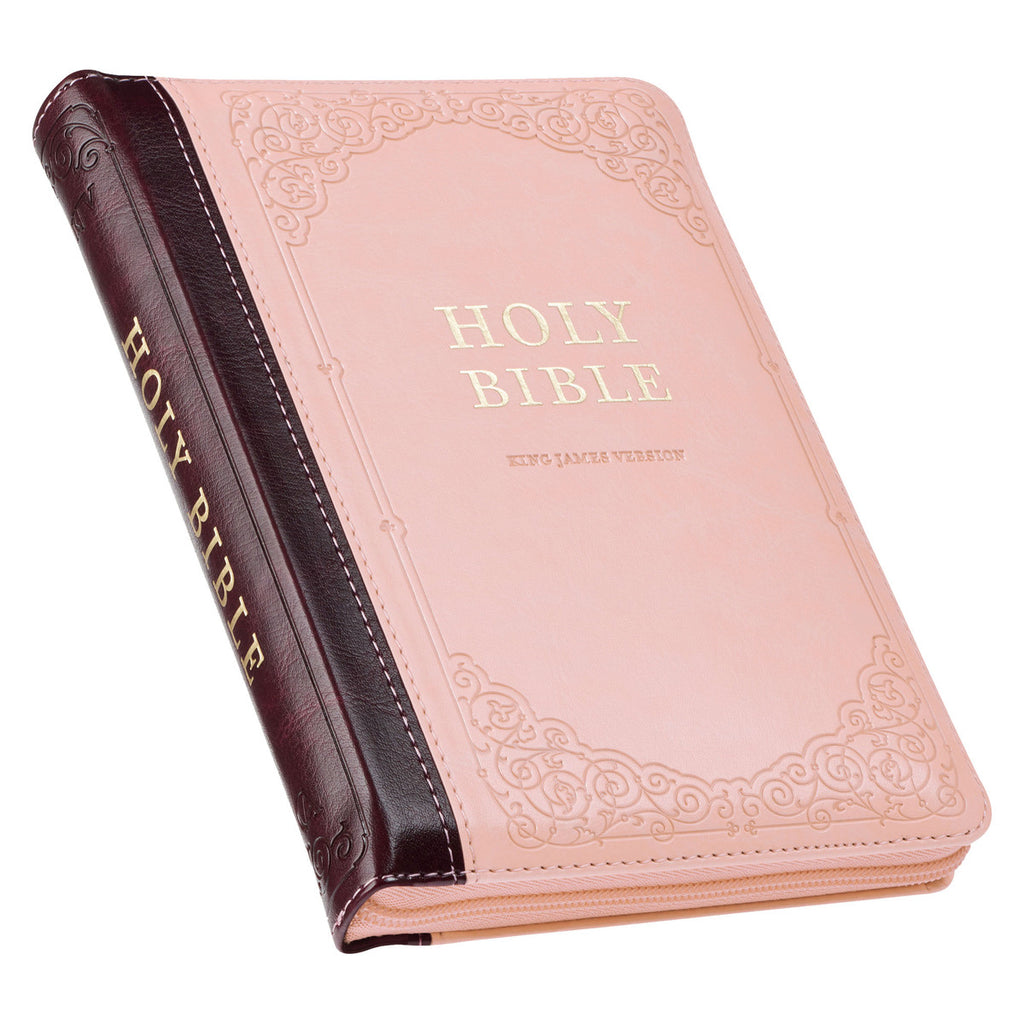 Burgundy and Pink Floral Faux Leather Compact KJV Bible with Zippered Closure