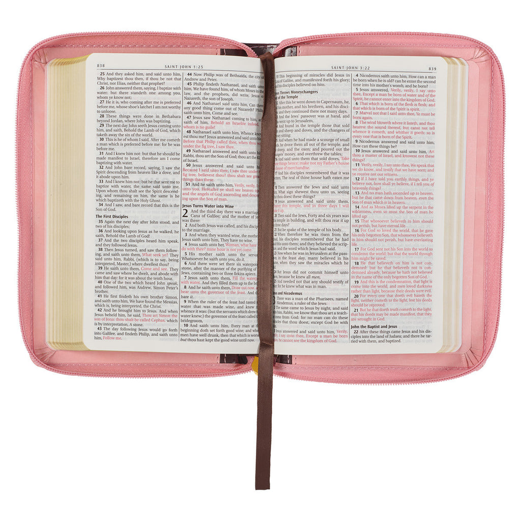 Burgundy and Pink Floral Faux Leather Compact KJV Bible with Zippered Closure