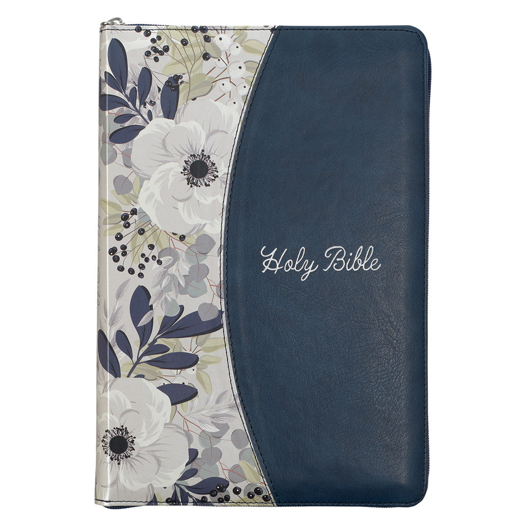 Blue Pearlized Floral Faux Leather Large Print Thinline KJV Bible with Zippered Closure and Thumb Index