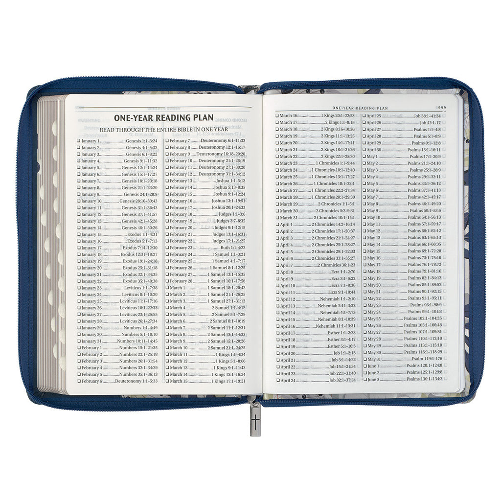 Blue Pearlized Floral Faux Leather Large Print Thinline KJV Bible with Zippered Closure and Thumb Index