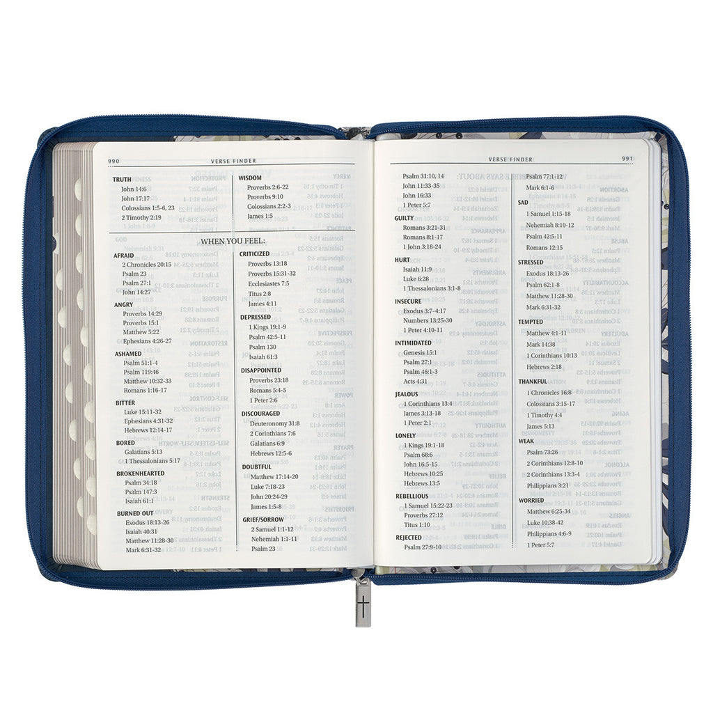 Blue Pearlized Floral Faux Leather Large Print Thinline KJV Bible with Zippered Closure and Thumb Index