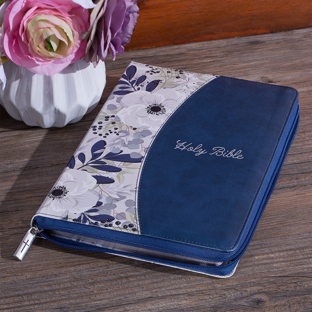 Blue Pearlized Floral Faux Leather Large Print Thinline KJV Bible with Zippered Closure and Thumb Index