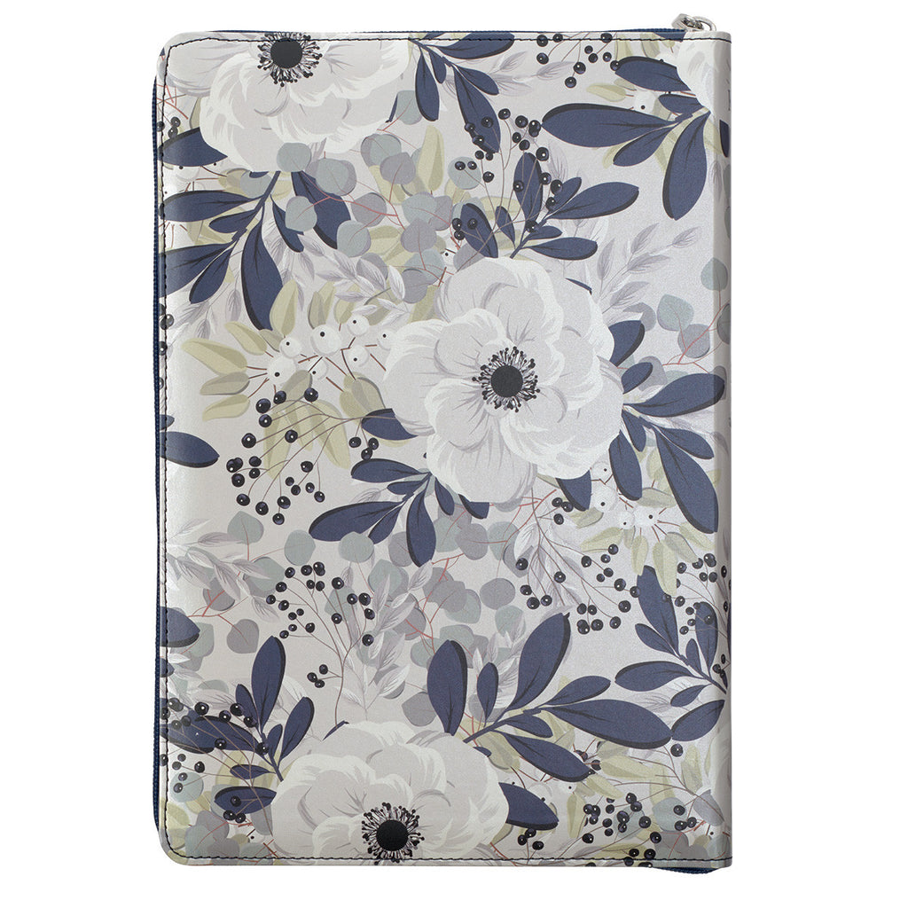 Blue Pearlized Floral Faux Leather Large Print Thinline KJV Bible with Zippered Closure and Thumb Index