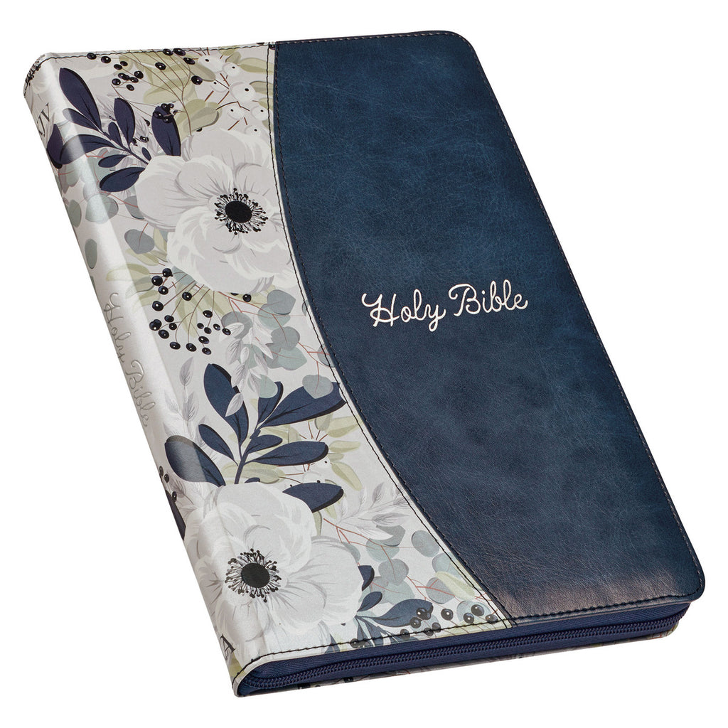 Blue Pearlized Floral Faux Leather Large Print Thinline KJV Bible with Zippered Closure and Thumb Index