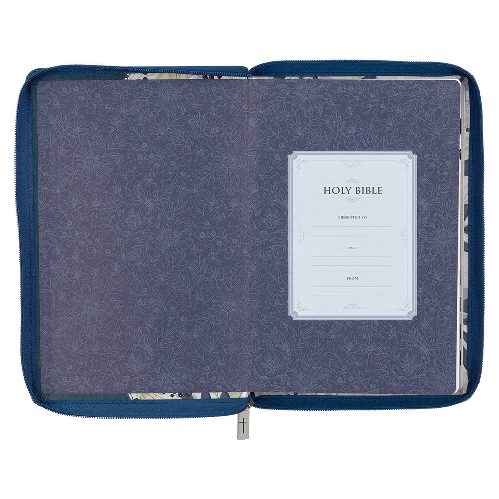 Blue Pearlized Floral Faux Leather Large Print Thinline KJV Bible with Zippered Closure and Thumb Index