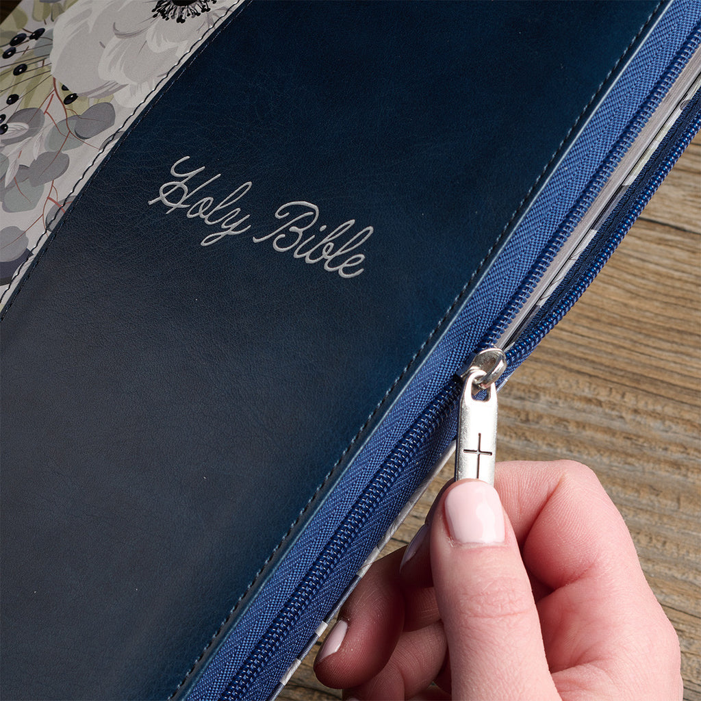 Blue Pearlized Floral Faux Leather Large Print Thinline KJV Bible with Zippered Closure and Thumb Index