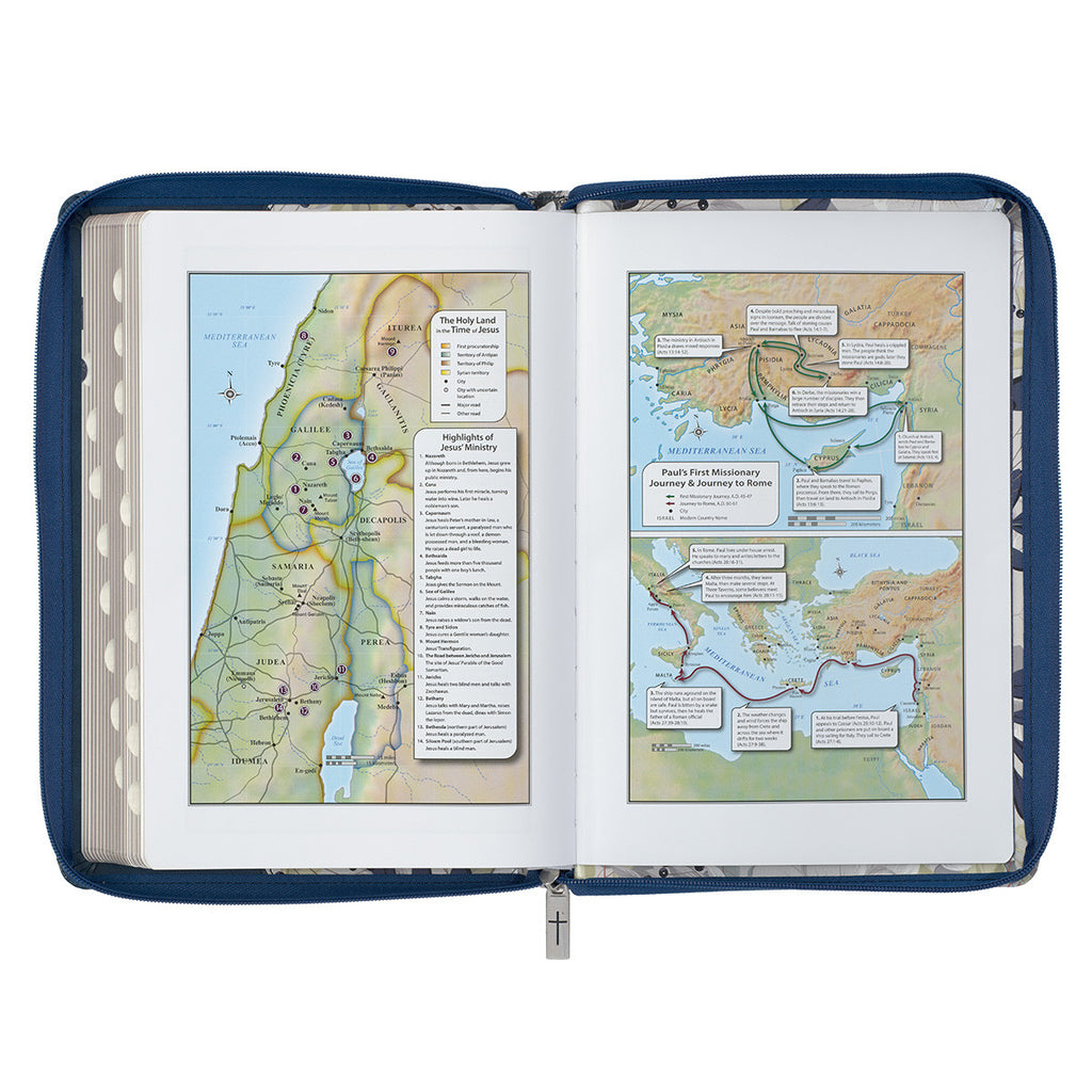 Blue Pearlized Floral Faux Leather Large Print Thinline KJV Bible with Zippered Closure and Thumb Index