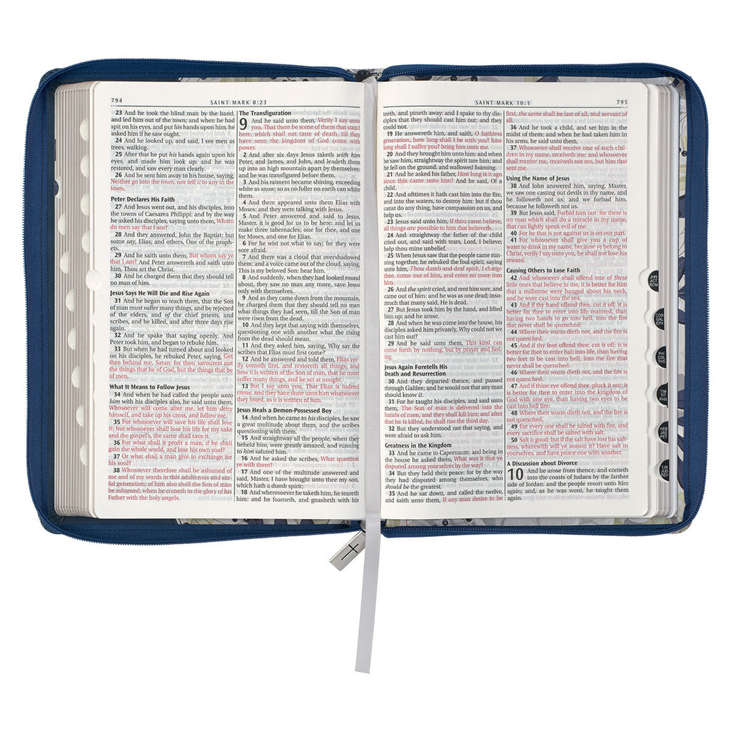 Blue Pearlized Floral Faux Leather Large Print Thinline KJV Bible with Zippered Closure and Thumb Index