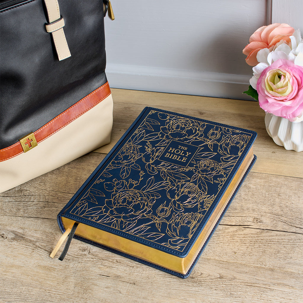 Navy Blue Floral Faux Leather Hardcover Large Print KJV Note-taking Bible