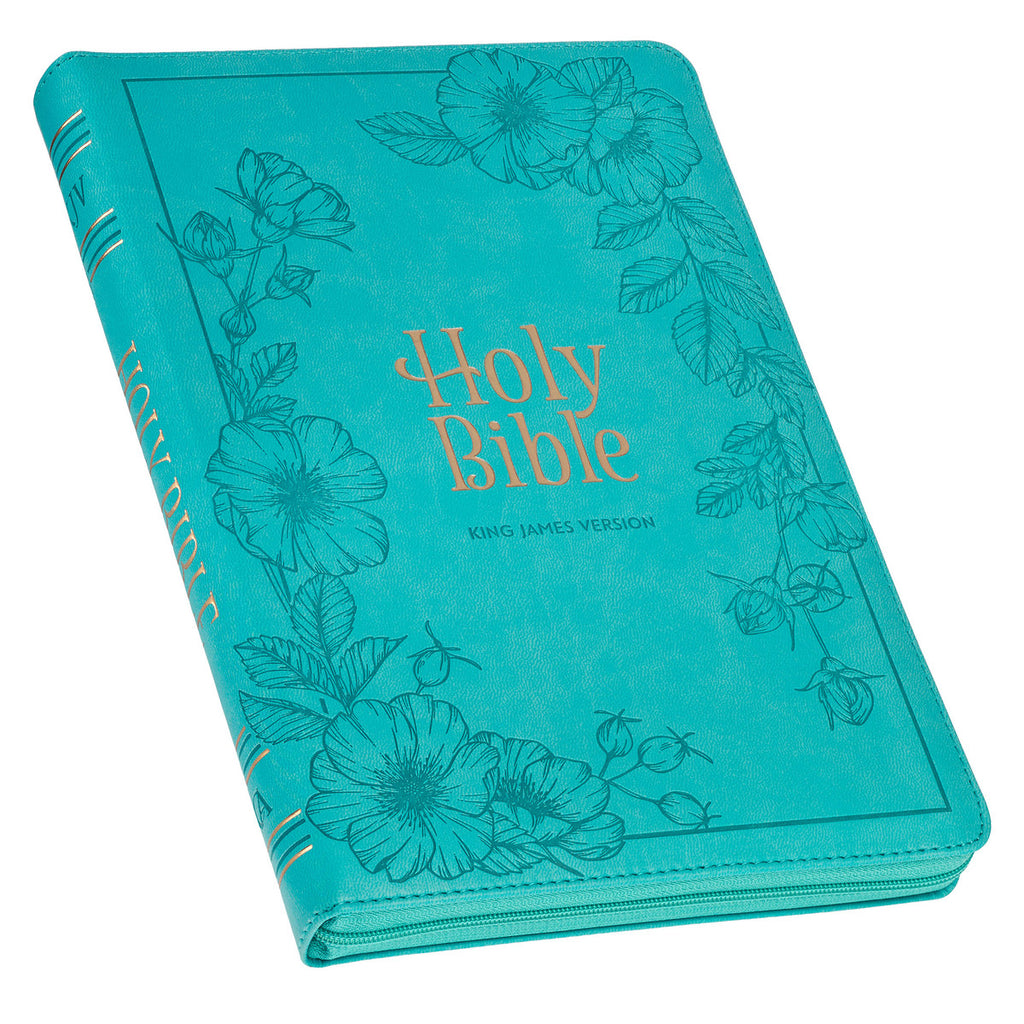 Vibrant Teal Faux Leather Large Print Thinline King James Version Bible with Zippered Closure and Thumb Index