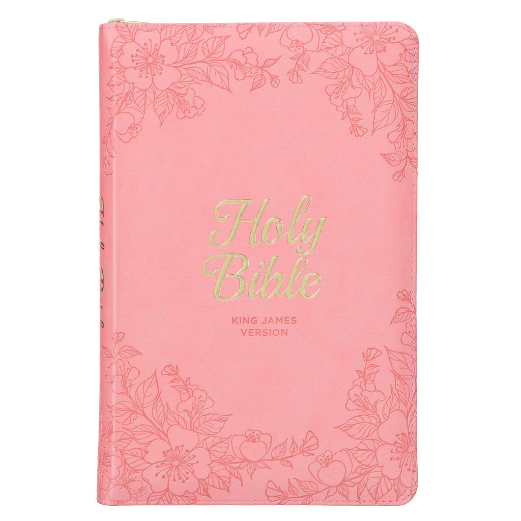 Blossom Pink Faux Leather King James Version Deluxe Gift Bible with Thumb Index and Zippered Closure