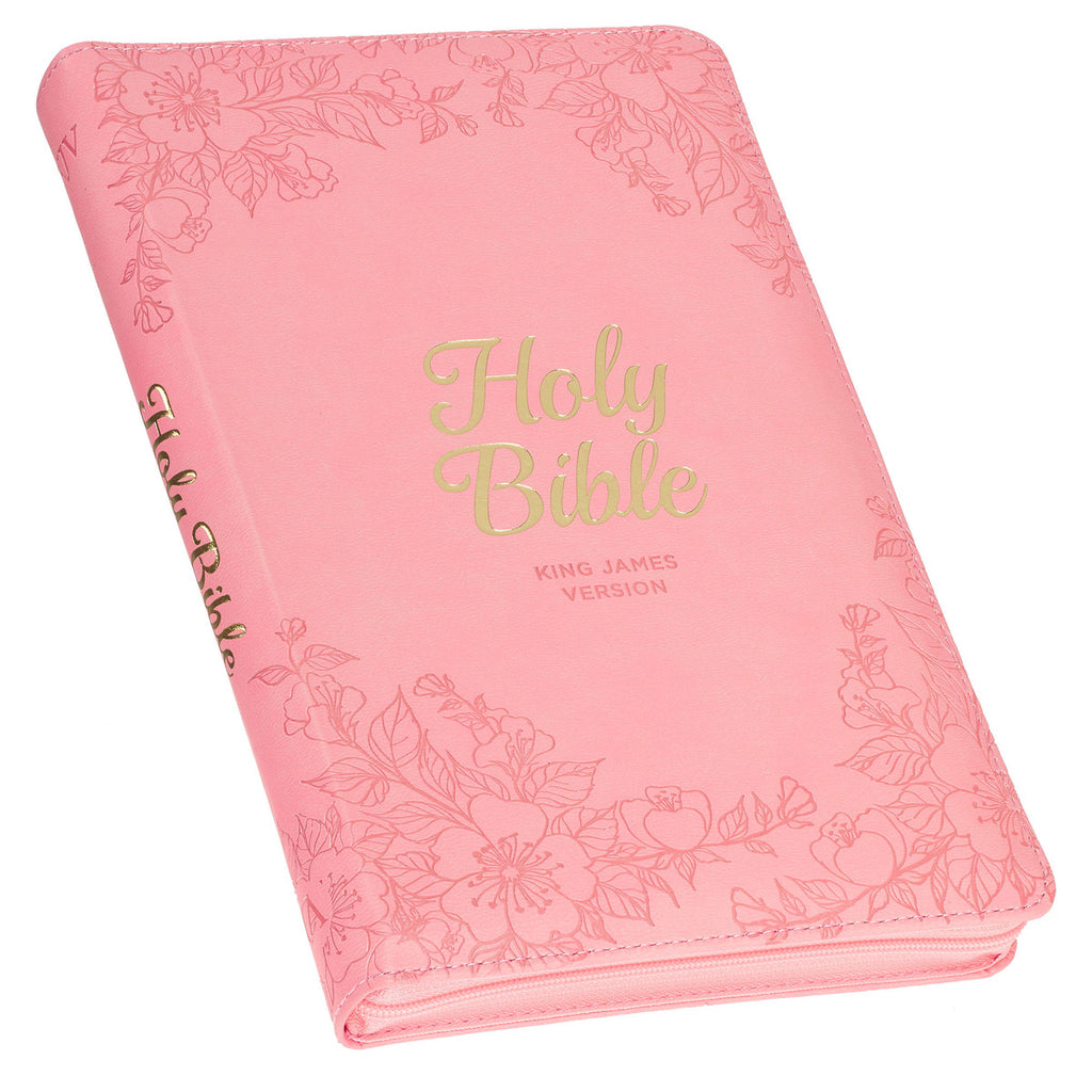 Blossom Pink Faux Leather King James Version Deluxe Gift Bible with Thumb Index and Zippered Closure