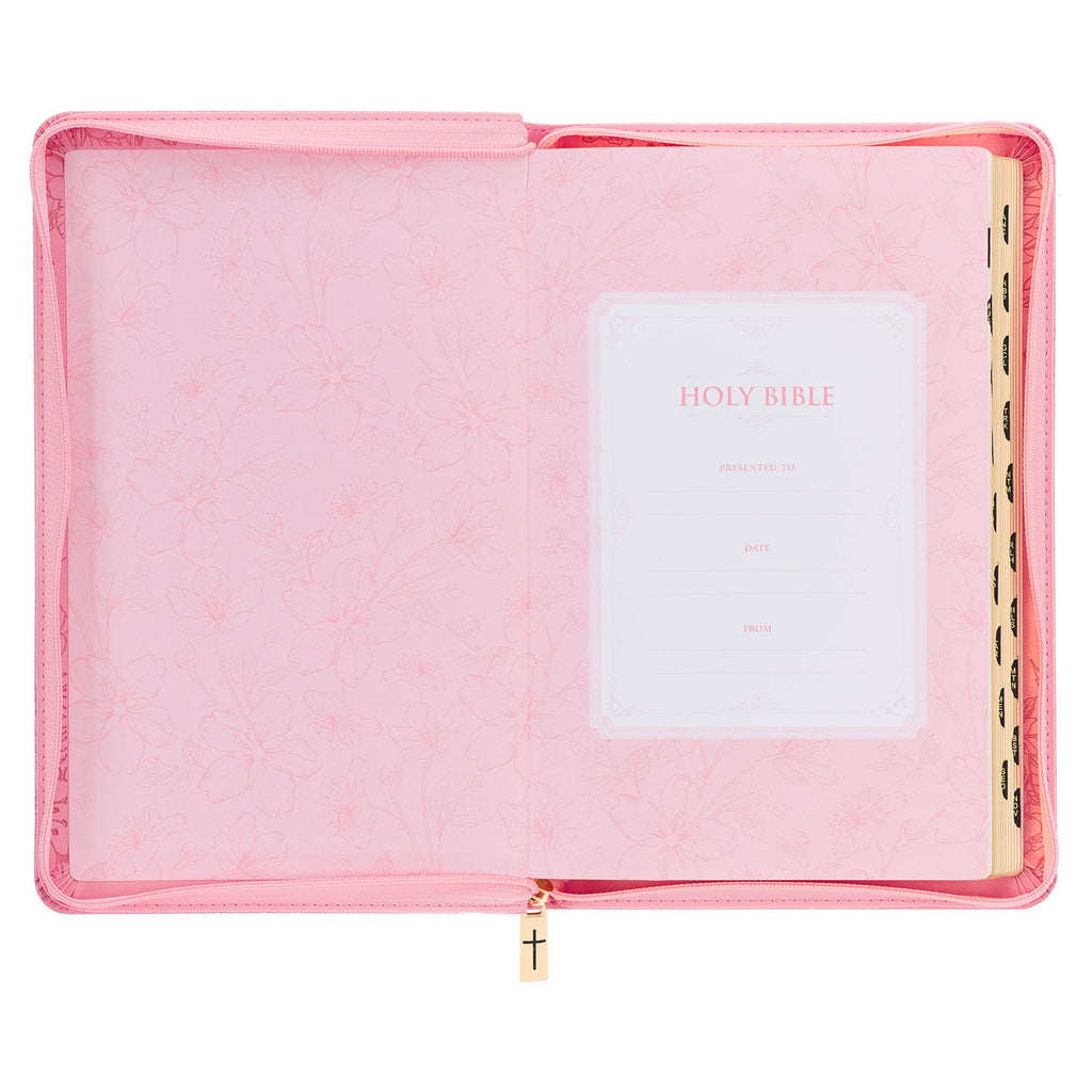 Blossom Pink Faux Leather King James Version Deluxe Gift Bible with Thumb Index and Zippered Closure