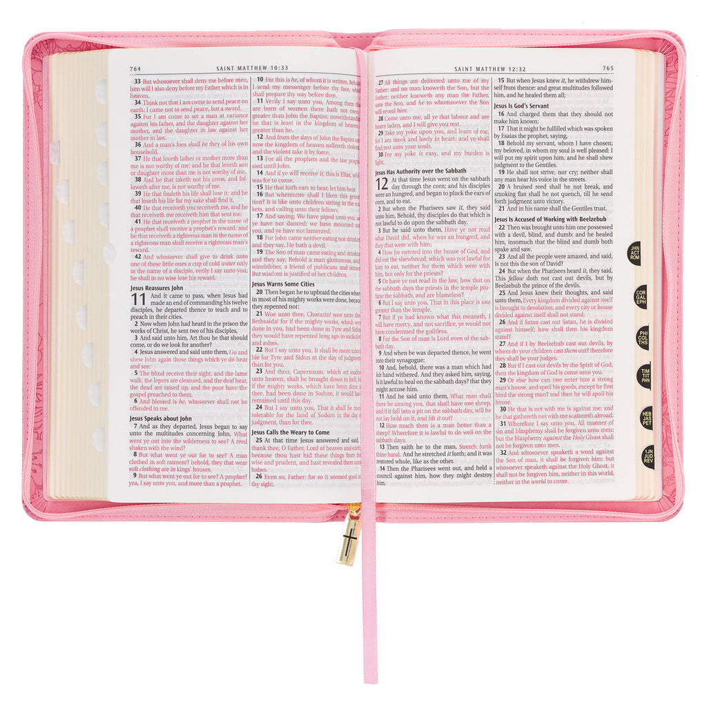 Blossom Pink Faux Leather King James Version Deluxe Gift Bible with Thumb Index and Zippered Closure