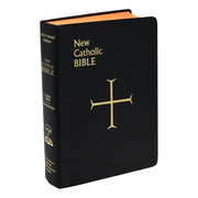 Black New Catholic Bible with gold text and cross symbol on a white background