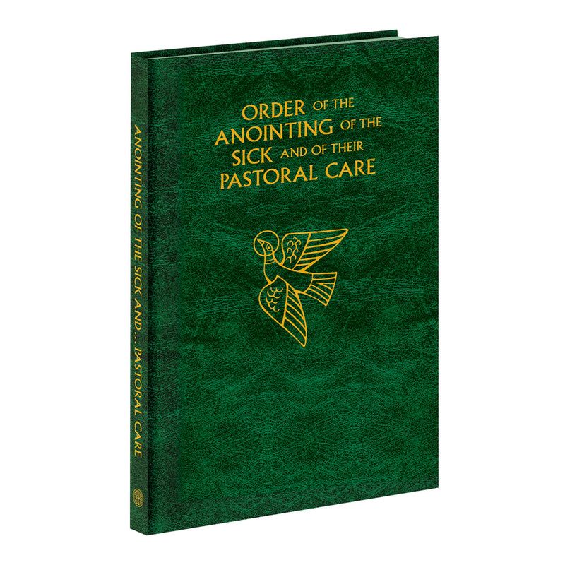 Green book with gold text 'Order of the Anointing of the Sick' and a dove emblem on a white background