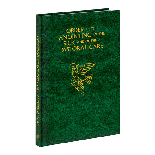 Green book with gold text 'Order of the Anointing of the Sick' and a dove emblem on a white background