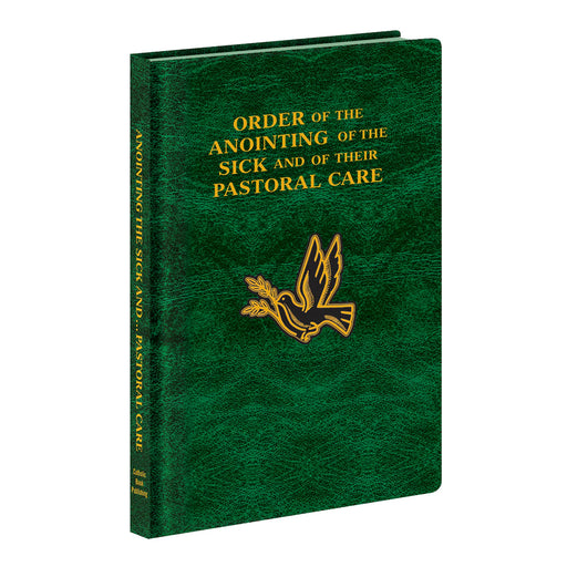 Green book with gold text 'Order of the Anointing of the Sick' and a dove emblem on a white background