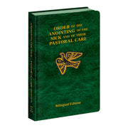 Green book with gold text 'Order of the Anointing of the Sick' and a dove emblem on a white background